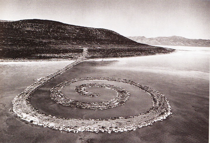 Asphalt Rundown, Rome, 1969. Spiral Jetty (1970), Great Salt lake, Utah, 1970. Mud, precipitated salt crystals, rocks and water.